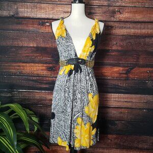Jagger Vintage Dress Size L Belted 100% Silk Plunge V-Neck Floral Runs Small USA